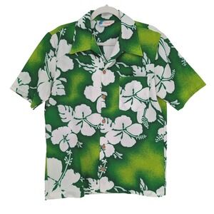 VTG Islander Hawaiian Shirt Mens M Green White Floral Hibiscus Tropical Aloha